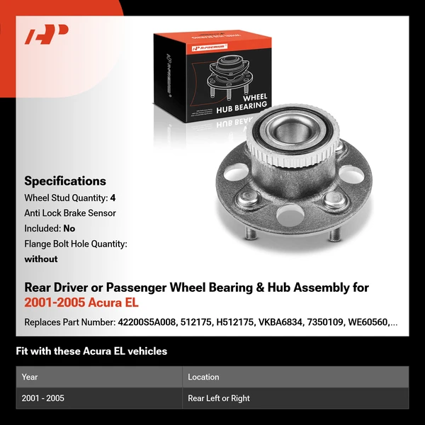 Rear Driver or Passenger Wheel Bearing & Hub Assembly for 2001-2005 Acura EL