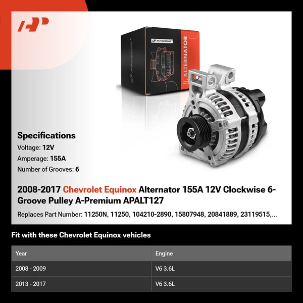 2008-2017 Chevrolet Equinox Alternator 155A 12V Clockwise 6-Groove Pulley A-Premium APALT127