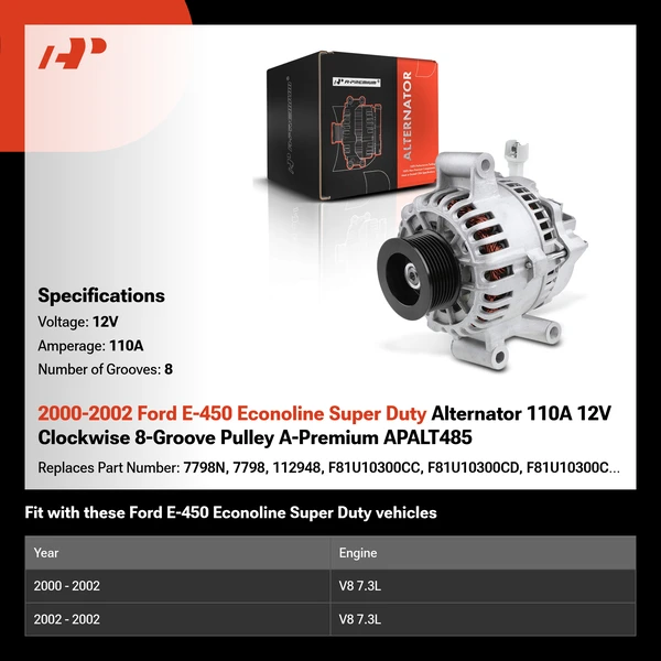 2000-2002 Ford E-450 Econoline Super Duty Alternator 110A 12V Clockwise 8-Groove Pulley A-Premium APALT485