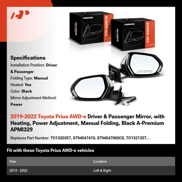 2019-2022 Toyota Prius AWD-e Driver & Passenger Mirror, with Heating, Power Adjustment, Manual Folding, Black A-Premium APMI329