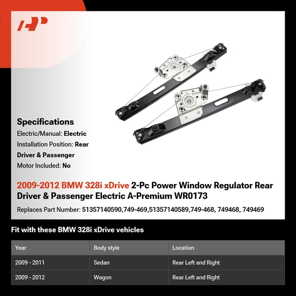 2009-2012 BMW 328i xDrive 2-Pc Power Window Regulator Rear Driver & Passenger Electric A-Premium WR0173