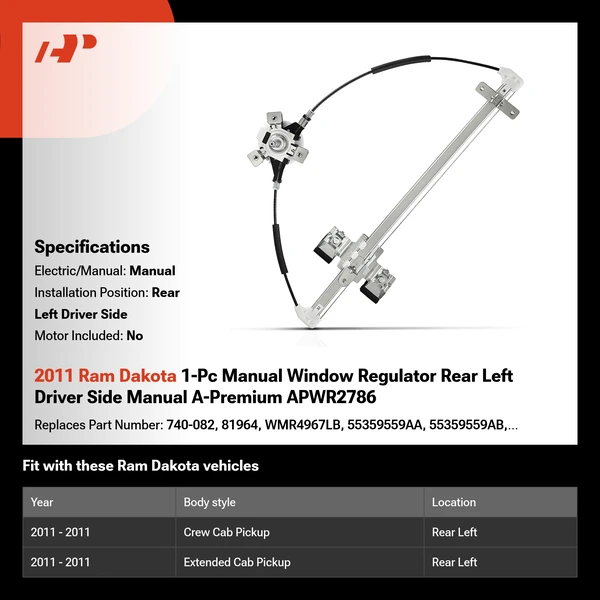 2011 Ram Dakota 1-Pc Manual Window Regulator Rear Left Driver Side Manual A-Premium APWR2786