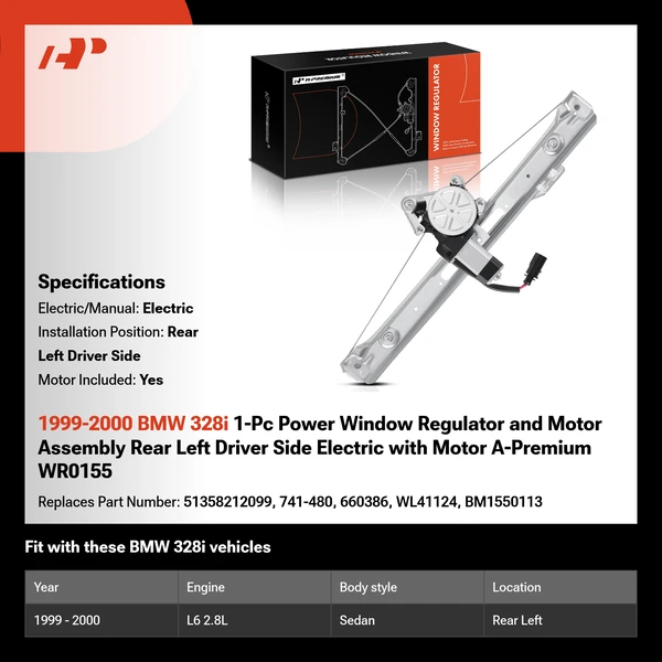 1999-2000 BMW 328i 1-Pc Power Window Regulator and Motor Assembly Rear Left Driver Side Electric with Motor A-Premium WR0155