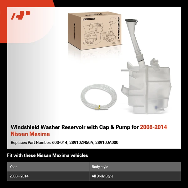 Windshield Washer Reservoir with Cap & Pump for 2008-2014 Nissan Maxima