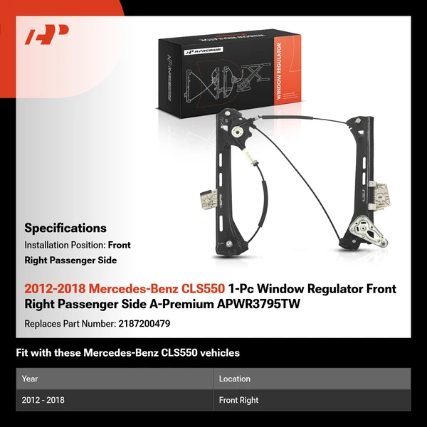 2012-2018 Mercedes-Benz CLS550 1-Pc Window Regulator Front Right Passenger Side A-Premium APWR3795TW