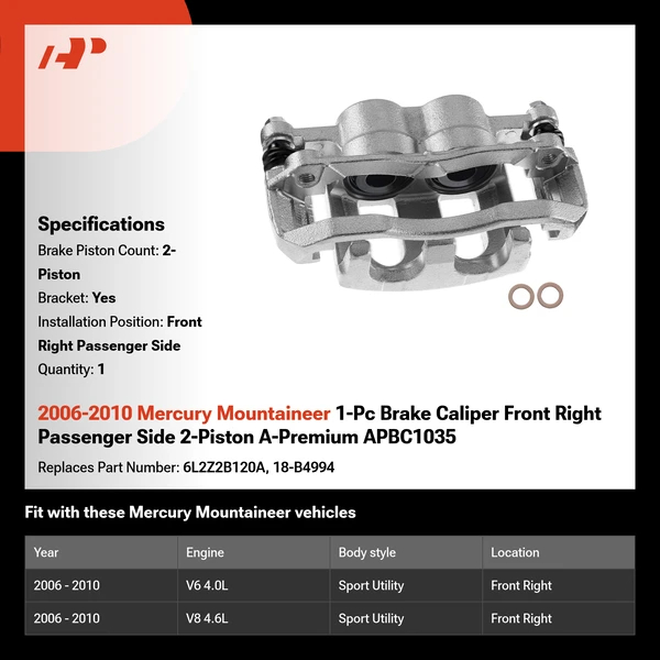 2006-2010 Mercury Mountaineer 1-Pc Brake Caliper Front Right Passenger Side 2-Piston A-Premium APBC1035