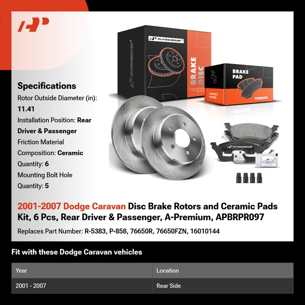 2001-2007 Dodge Caravan Disc Brake Rotors and Ceramic Pads Kit, 6 Pcs, Rear Driver & Passenger, A-Premium, APBRPR097