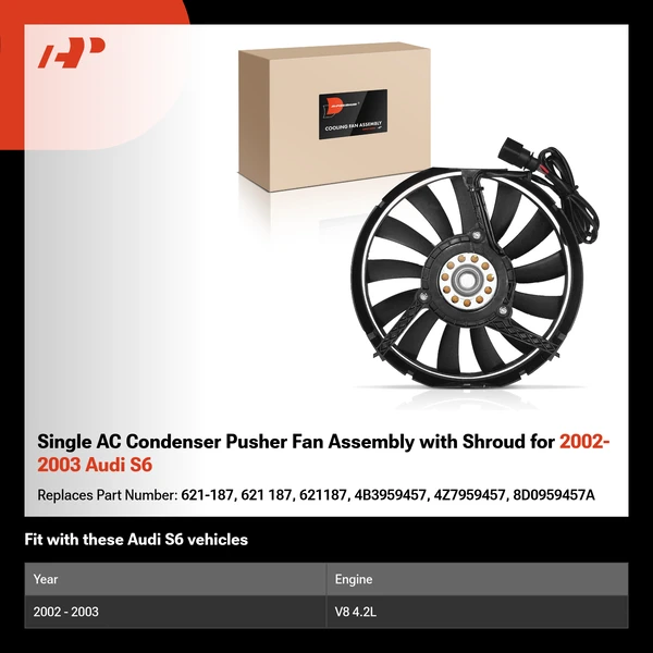 Single AC Condenser Pusher Fan Assembly with Shroud for 2002-2003 Audi S6