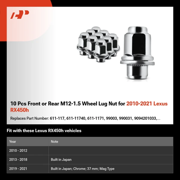 10 Pcs Front or Rear M12-1.5 Wheel Lug Nut for 2010-2021 Lexus RX450h