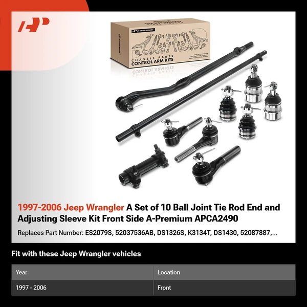 1997-2006 Jeep Wrangler A Set of 10 Ball Joint Tie Rod End and Adjusting Sleeve Kit Front Side A-Premium APCA2490