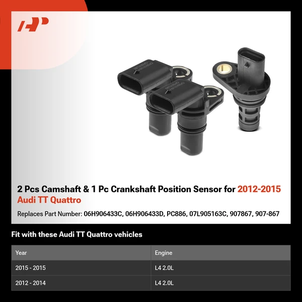 2 Pcs Camshaft & 1 Pc Crankshaft Position Sensor for 2012-2015 Audi TT Quattro