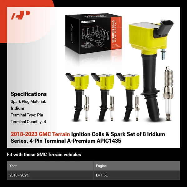 2018-2023 GMC Terrain Ignition Coils & Spark Set of 8 Iridium Series, 4-Pin Terminal A-Premium APIC1435