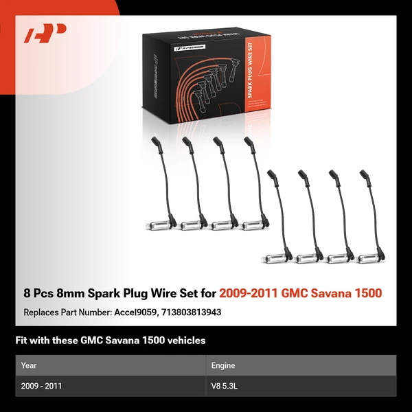8 Pcs 8mm Spark Plug Wire Set for 2009-2011 GMC Savana 1500