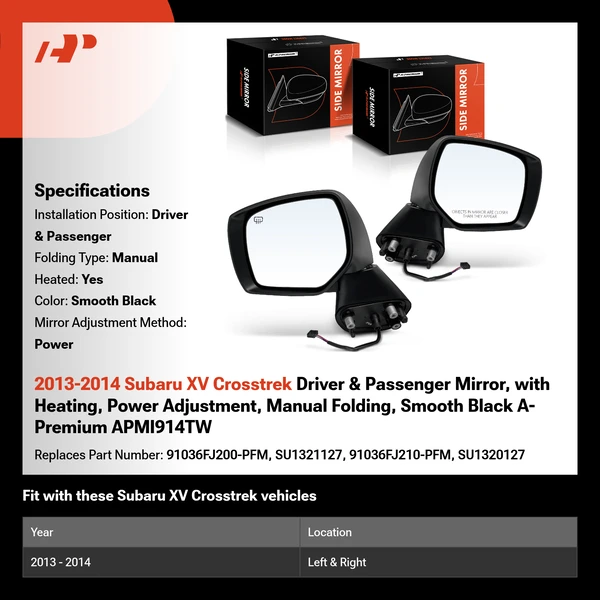 2013-2014 Subaru XV Crosstrek Driver & Passenger Mirror, with Heating, Power Adjustment, Manual Folding, Smooth Black A-Premium APMI914TW