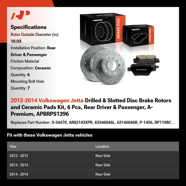 2012-2014 Volkswagen Jetta Drilled & Slotted Disc Brake Rotors and Ceramic Pads Kit, 6 Pcs, Rear Driver & Passenger, A-Premium, APBRPS1396