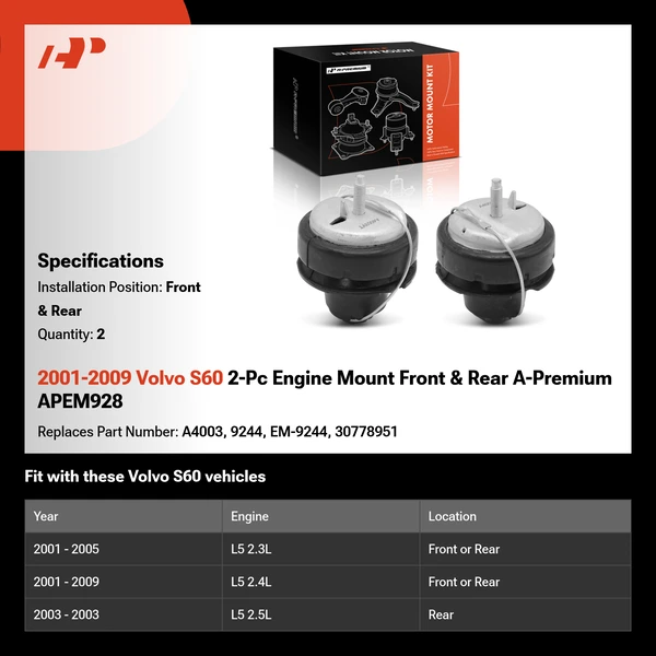 2001-2009 Volvo S60 2-Pc Engine Mount Front & Rear A-Premium APEM928