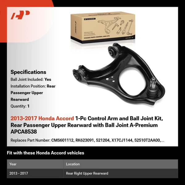 2013-2017 Honda Accord 1-Pc Control Arm and Ball Joint Kit, Rear Passenger Upper Rearward with Ball Joint A-Premium APCA8538