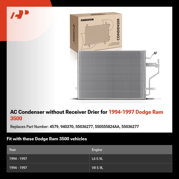AC Condenser without Receiver Drier for 1994-1997 Dodge Ram 3500