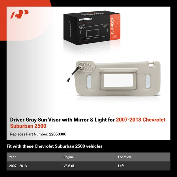 Driver Gray Sun Visor with Mirror & Light for 2007-2013 Chevrolet Suburban 2500