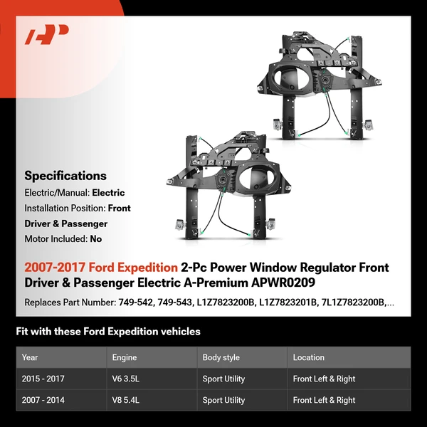 2007-2017 Ford Expedition 2-Pc Power Window Regulator Front Driver & Passenger Electric A-Premium APWR0209