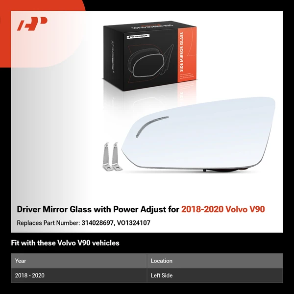 Driver Mirror Glass with Power Adjust for 2018-2020 Volvo V90