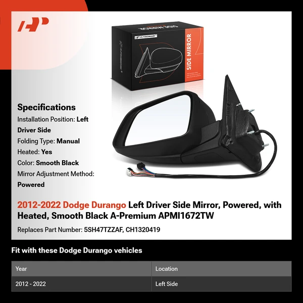 2012-2022 Dodge Durango Left Driver Side Mirror, Powered, with Heated, Smooth Black A-Premium APMI1672TW