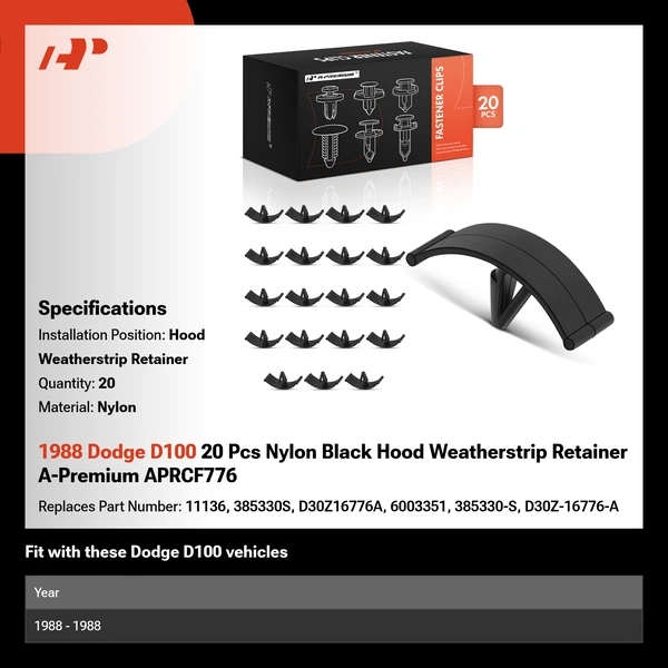 1988 Dodge D100 20 Pcs Nylon Black Hood Weatherstrip Retainer A-Premium APRCF776