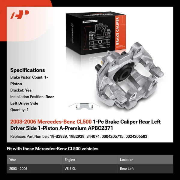 2003-2006 Mercedes-Benz CL500 1-Pc Brake Caliper Rear Left Driver Side 1-Piston A-Premium APBC2371