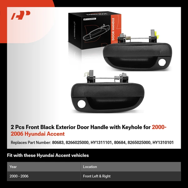 2 Pcs Front Black Exterior Door Handle with Keyhole for 2000-2006 Hyundai Accent