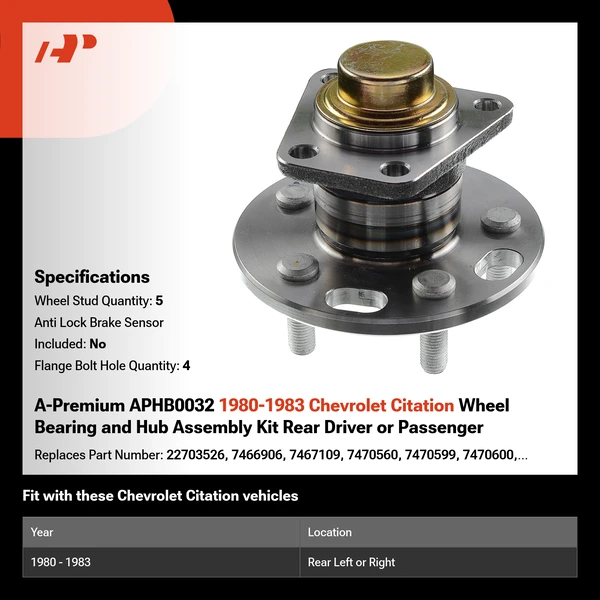 A-Premium APHB0032 1980-1983 Chevrolet Citation Wheel Bearing and Hub Assembly Kit Rear Driver or Passenger