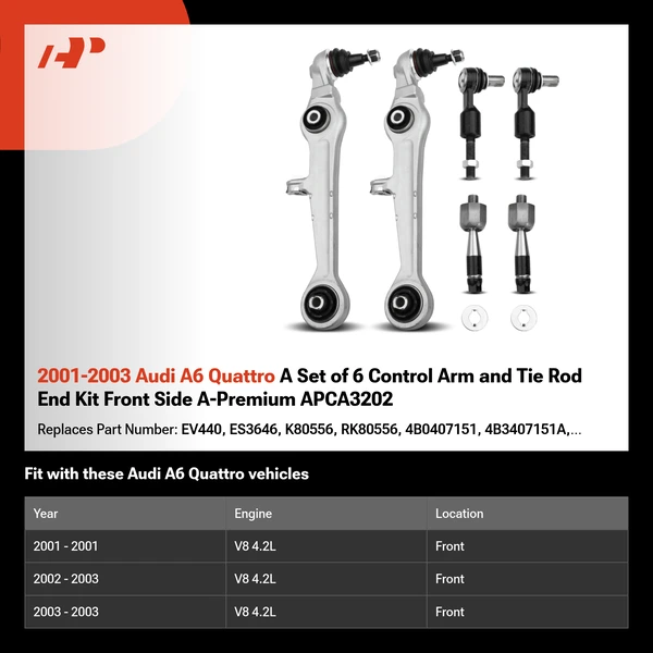 2001-2003 Audi A6 Quattro A Set of 6 Control Arm and Tie Rod End Kit Front Side A-Premium APCA3202