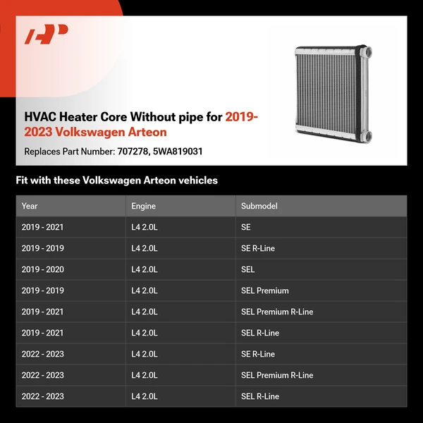 HVAC Heater Core Without pipe for 2019-2023 Volkswagen Arteon