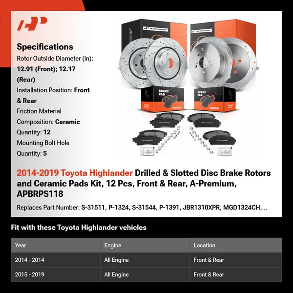 2014-2019 Toyota Highlander Drilled & Slotted Disc Brake Rotors and Ceramic Pads Kit, 12 Pcs, Front & Rear, A-Premium, APBRPS118