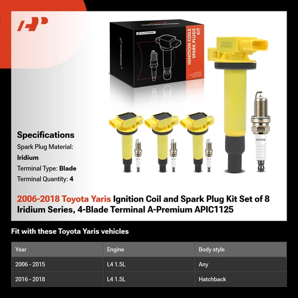2006-2018 Toyota Yaris Ignition Coil and Spark Plug Kit Set of 8 Iridium Series, 4-Blade Terminal A-Premium APIC1125