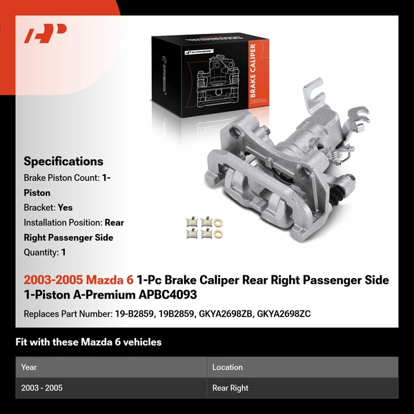 2003-2005 Mazda 6 1-Pc Brake Caliper Rear Right Passenger Side 1-Piston A-Premium APBC4093