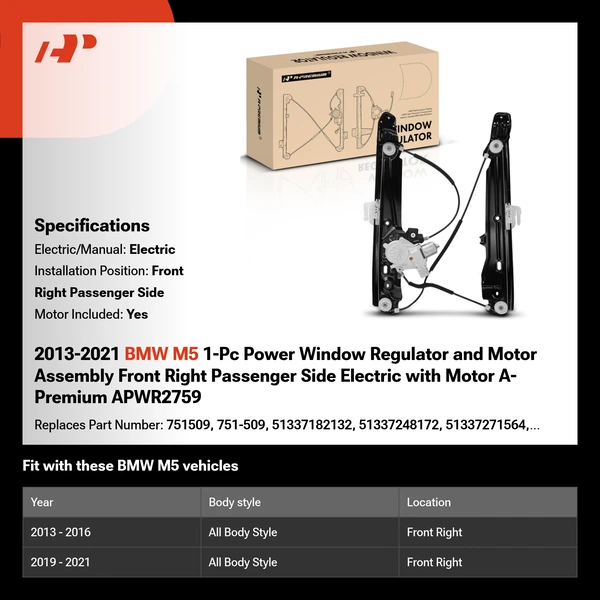 2013-2021 BMW M5 1-Pc Power Window Regulator and Motor Assembly Front Right Passenger Side Electric with Motor A-Premium APWR2759