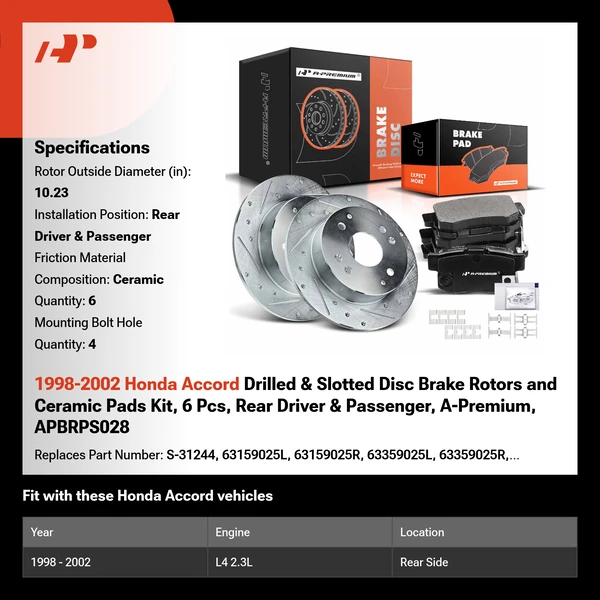 1998-2002 Honda Accord Drilled & Slotted Disc Brake Rotors and Ceramic Pads Kit, 6 Pcs, Rear Driver & Passenger, A-Premium, APBRPS028