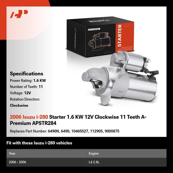 2006 Isuzu i-280 Starter 1.6 KW 12V Clockwise 11 Teeth A-Premium APSTR284