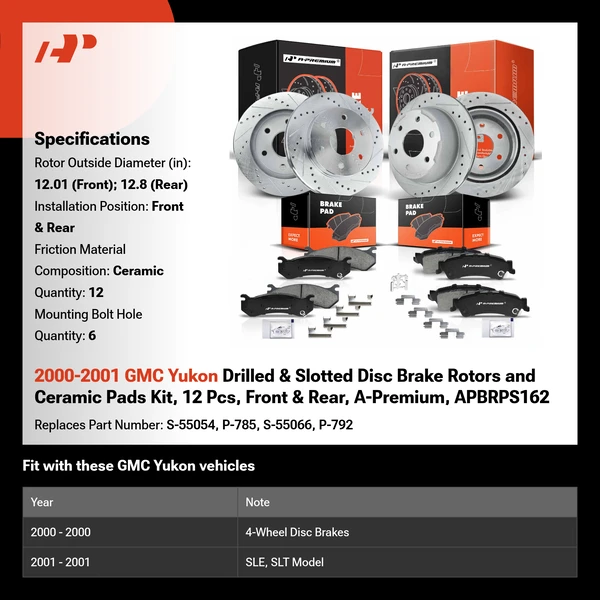 2000-2001 GMC Yukon Drilled & Slotted Disc Brake Rotors and Ceramic Pads Kit, 12 Pcs, Front & Rear, A-Premium, APBRPS162