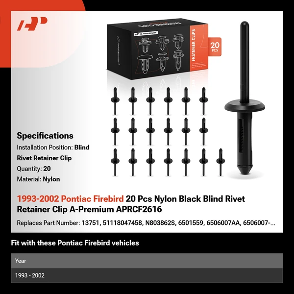 1993-2002 Pontiac Firebird 20 Pcs Nylon Black Blind Rivet Retainer Clip A-Premium APRCF2616