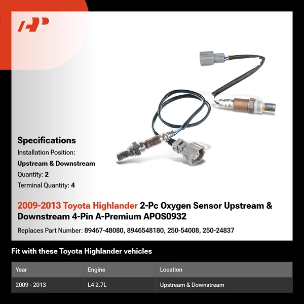 2009-2013 Toyota Highlander 2-Pc Oxygen Sensor Upstream & Downstream 4-Pin A-Premium APOS0932
