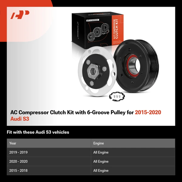AC Compressor Clutch Kit with 6-Groove Pulley for 2015-2020 Audi S3