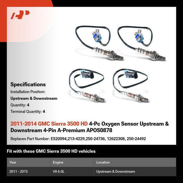 2011-2014 GMC Sierra 3500 HD 4-Pc Oxygen Sensor Upstream & Downstream 4-Pin A-Premium APOS0878
