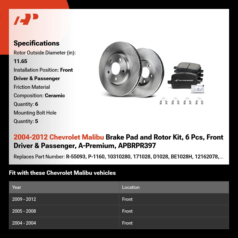 2004-2012 Chevrolet Malibu Brake Pad and Rotor Kit, 6 Pcs, Front Driver & Passenger, A-Premium, APBRPR397