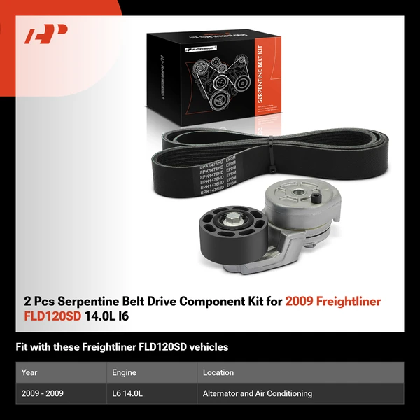 2 Pcs Serpentine Belt Drive Component Kit for 2009 Freightliner FLD120SD 14.0L l6