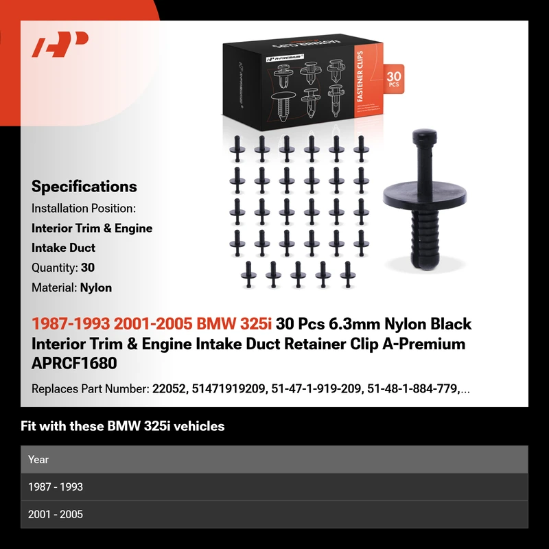 1987-1993 2001-2005 BMW 325i 30 Pcs 6.3mm Nylon Black Interior Trim & Engine Intake Duct Retainer Clip A-Premium APRCF1680