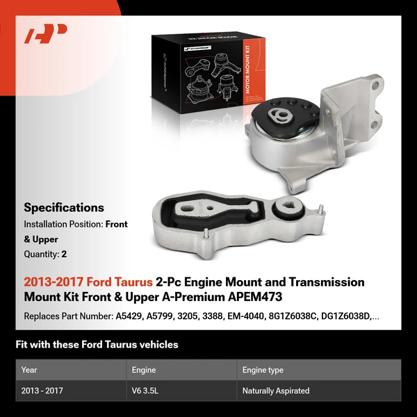 2013-2017 Ford Taurus 2-Pc Engine Mount and Transmission Mount Kit Front & Upper A-Premium APEM473