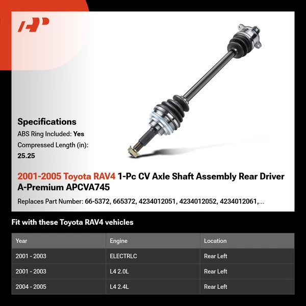 2001-2005 Toyota RAV4 1-Pc CV Axle Shaft Assembly Rear Driver A-Premium APCVA745