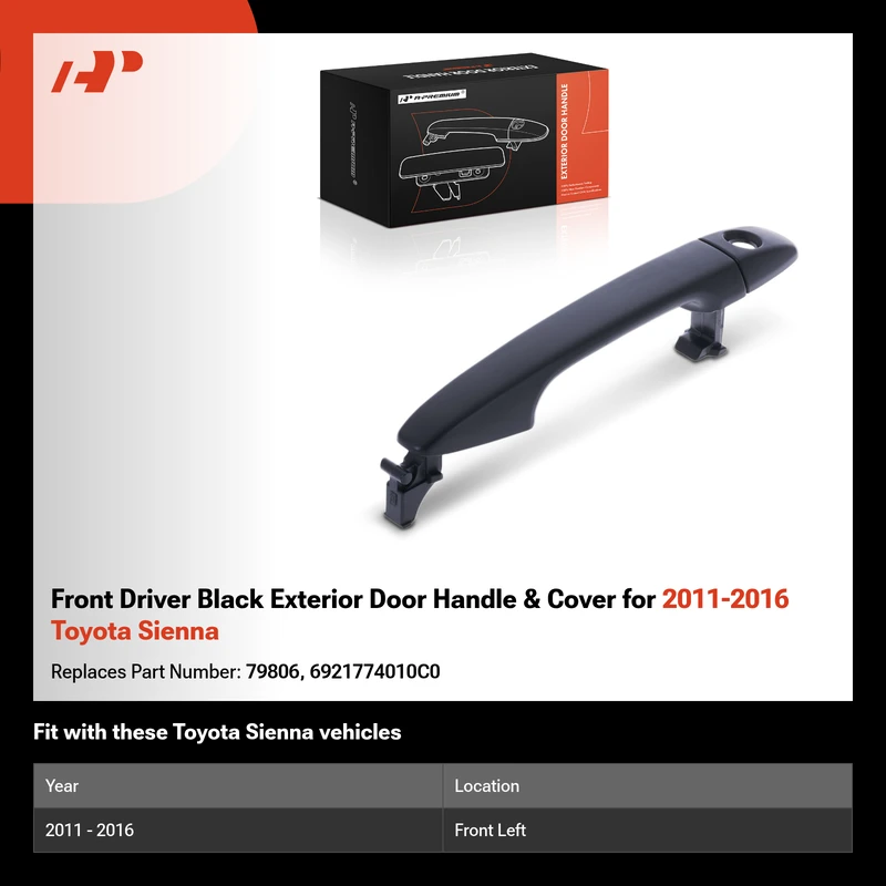 Front Driver Black Exterior Door Handle & Cover for 2011-2016 Toyota Sienna