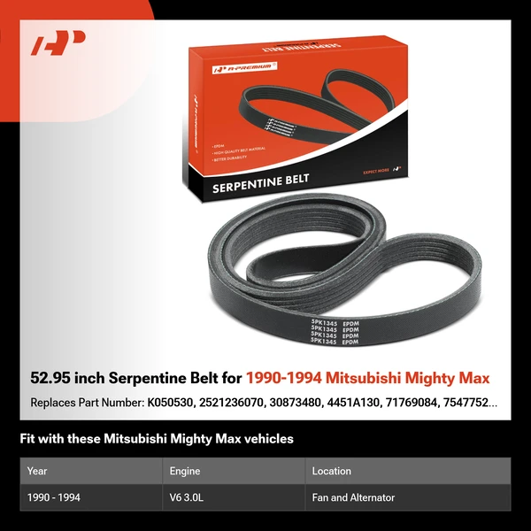 52.95 inch Serpentine Belt for 1990-1994 Mitsubishi Mighty Max